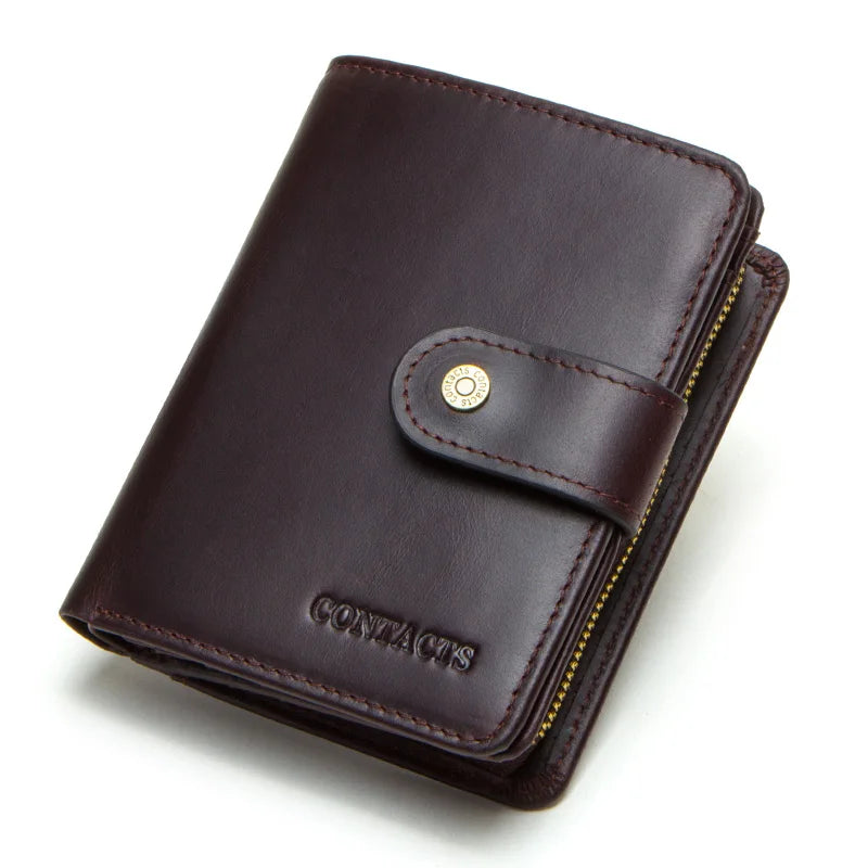 CONTACT'S Genuine Leather RFID Vintage Wallet Men With Coin Pocket Short Wallets Small Zipper Wallet With Card Holders Man Purse