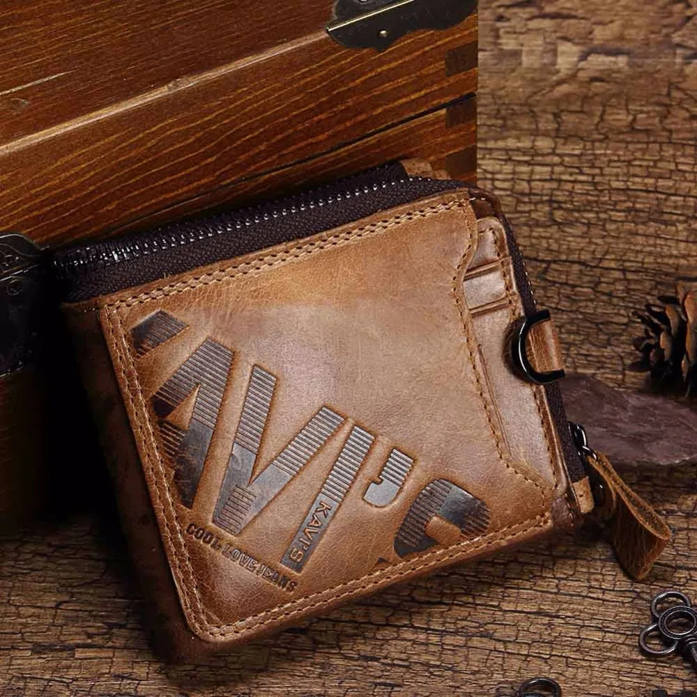 KAVIS Crazy Horse Leather Men Wallets Vintage Cowboy Travel Wallet Card Holder Fashion Coin Purse for Women with Extenal Cardbag