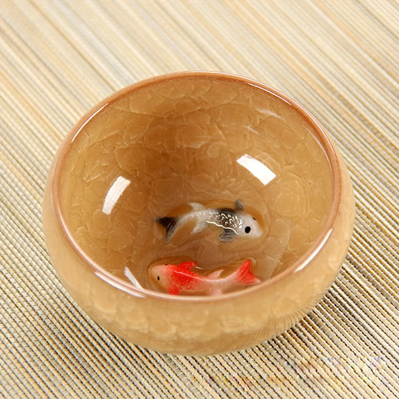 Chinese Porcelain Teacup Sets, Ceramic Double Fish China Tea Cup,Kung Fu TeaCup Set, Crackle Glaze, Travel Tea Bowl