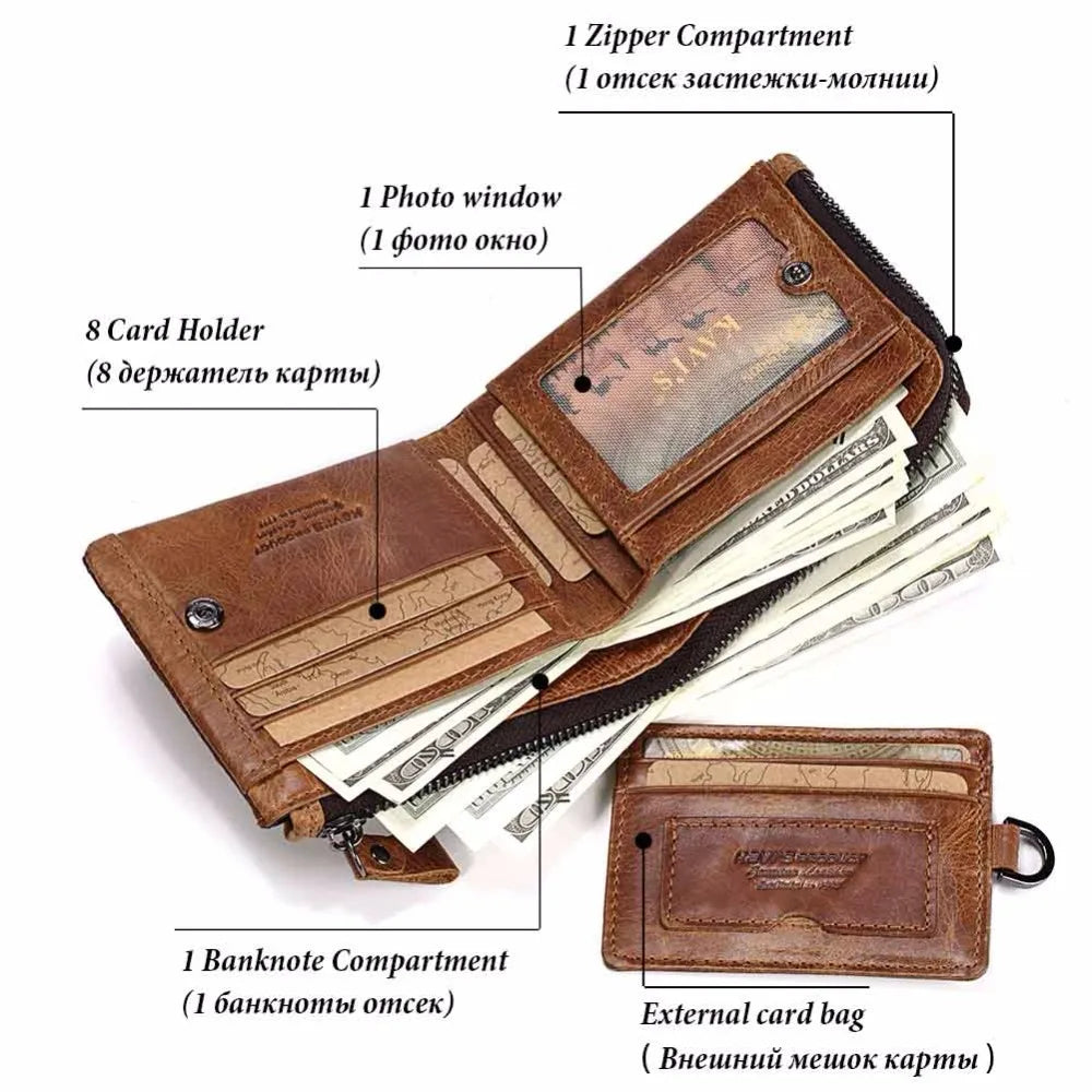 KAVIS Crazy Horse Leather Men Wallets Vintage Cowboy Travel Wallet Card Holder Fashion Coin Purse for Women with Extenal Cardbag