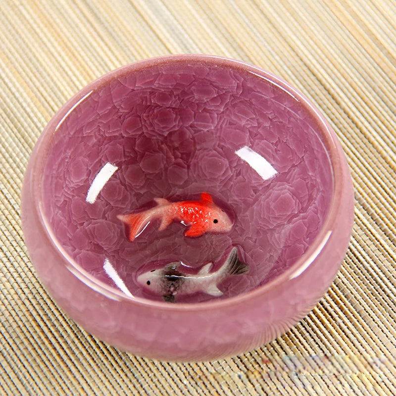 Chinese Porcelain Teacup Sets, Ceramic Double Fish China Tea Cup,Kung Fu TeaCup Set, Crackle Glaze, Travel Tea Bowl