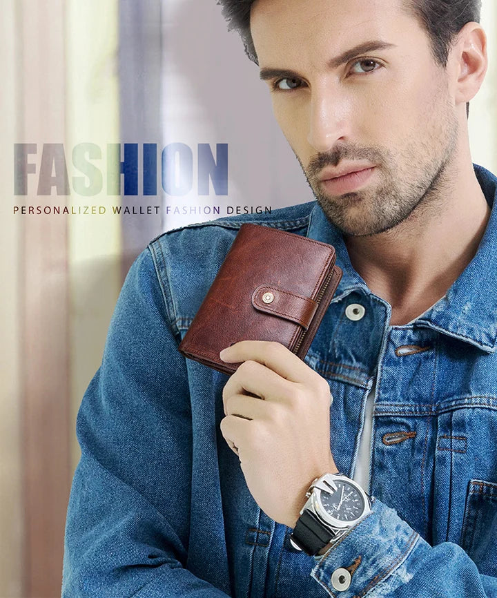CONTACT'S Genuine Leather RFID Vintage Wallet Men With Coin Pocket Short Wallets Small Zipper Wallet With Card Holders Man Purse