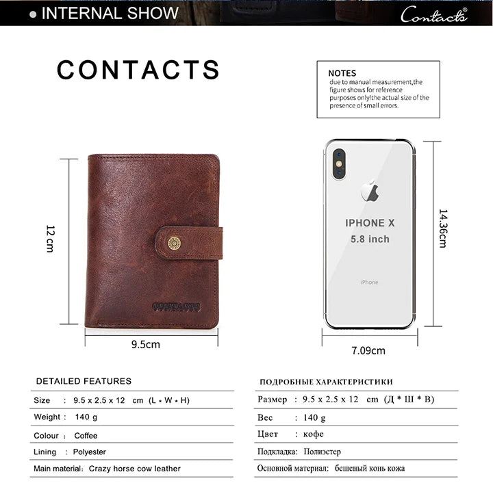 CONTACT'S Genuine Leather RFID Vintage Wallet Men With Coin Pocket Short Wallets Small Zipper Wallet With Card Holders Man Purse