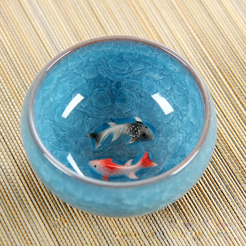 Chinese Porcelain Teacup Sets, Ceramic Double Fish China Tea Cup,Kung Fu TeaCup Set, Crackle Glaze, Travel Tea Bowl