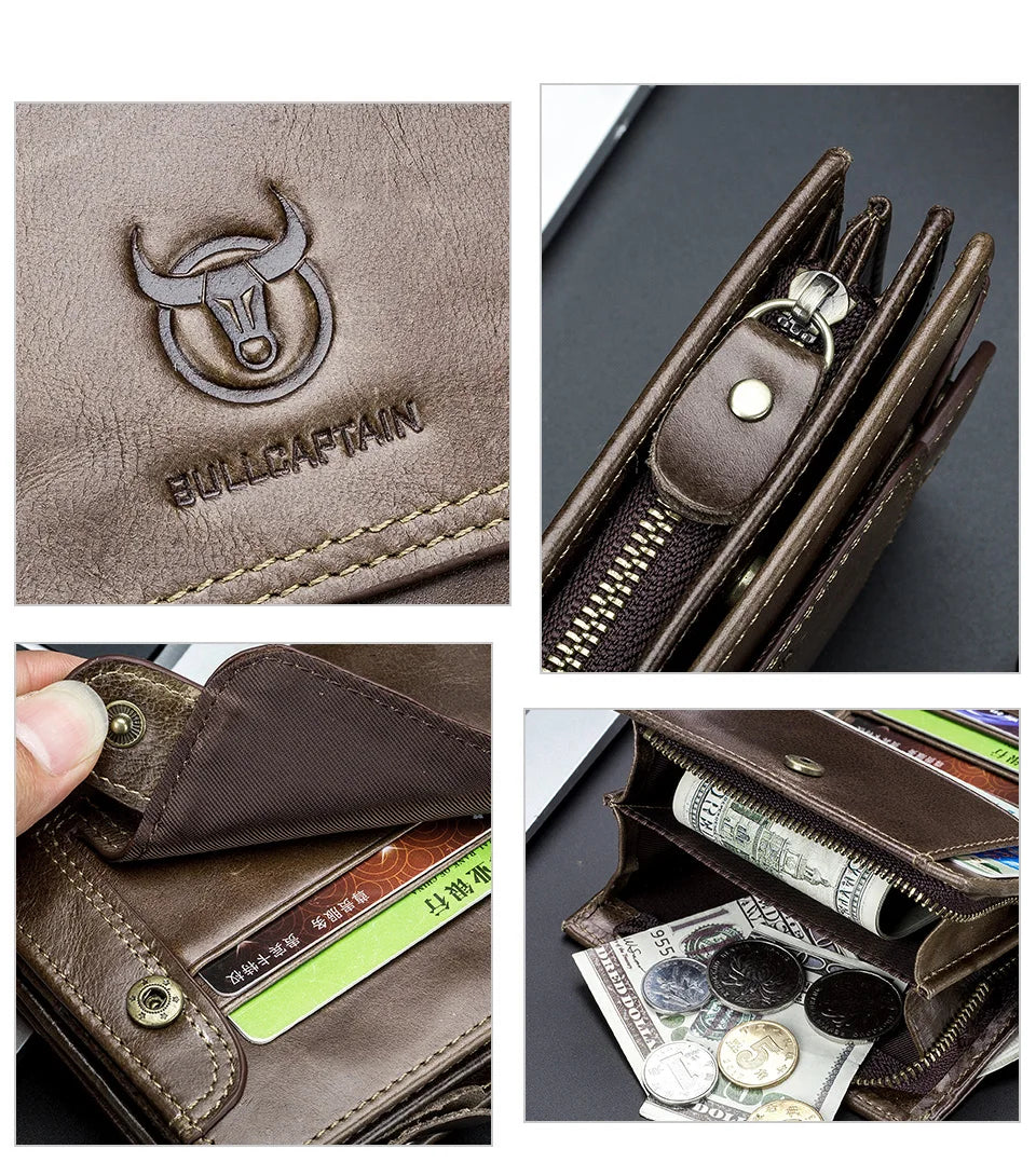 BULLCAPTAIN 100% Genuine Leather Men's Rfid Wallet Multifunctional Storage Bag Coin Purse Wallet Card Case