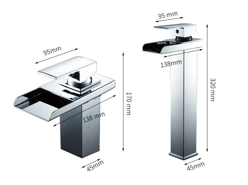 LED Basin Faucet Luminous Waterfall Temperature Colors Change  Brass  Bathroom Mixer Tap Deck Mounted Wash Sink Glass Black Taps