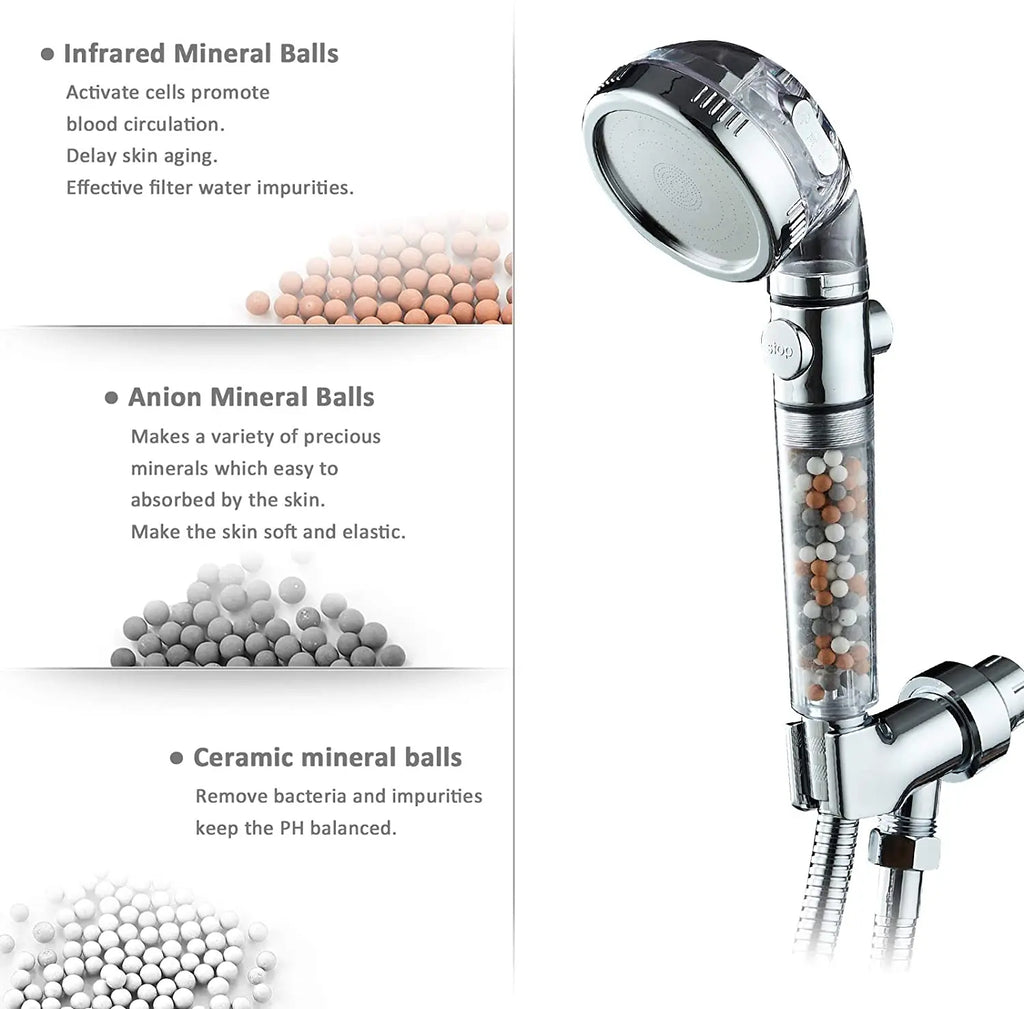 Mineral Balls 3 Modes High Pressure Shower Head with On/Off Switch Filter Water Saving Handheld Showerheads Bathroom Accessories