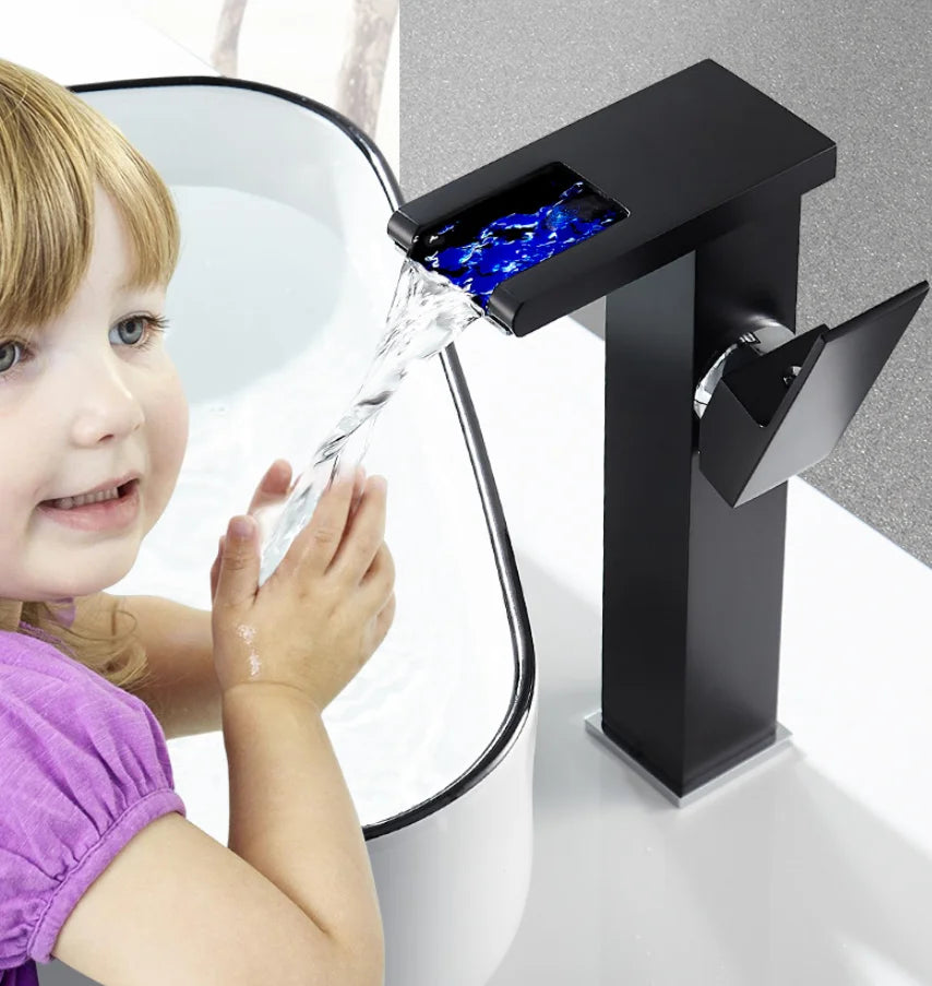 LED Basin Faucet Luminous Waterfall Temperature Colors Change  Brass  Bathroom Mixer Tap Deck Mounted Wash Sink Glass Black Taps