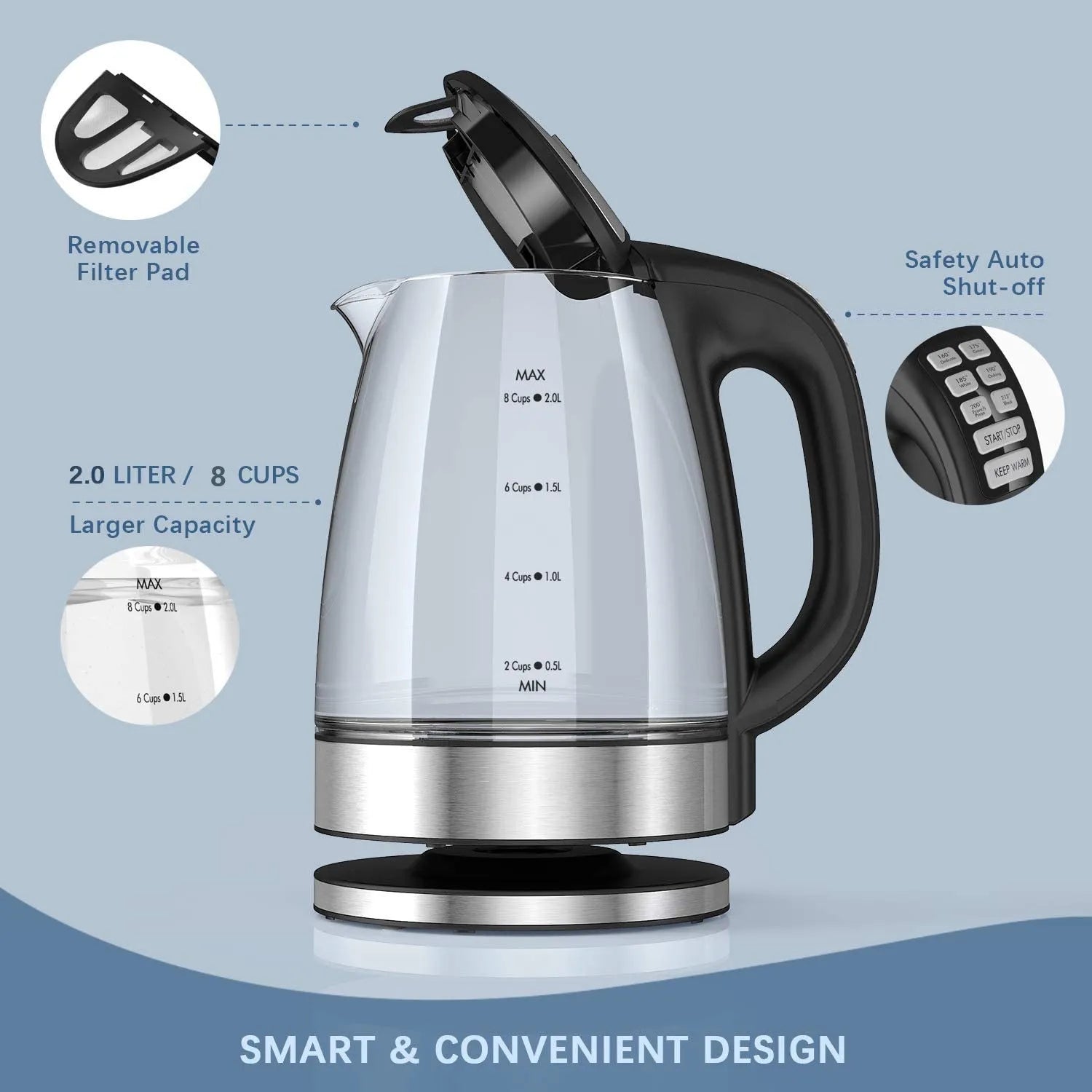 DEVISIB Electric Glass Kettle, 2200W Fast Boiling, Temperature Control, 4-Hour Keep Warm, 2.0L Tea Kettle & Hot Water Boiler