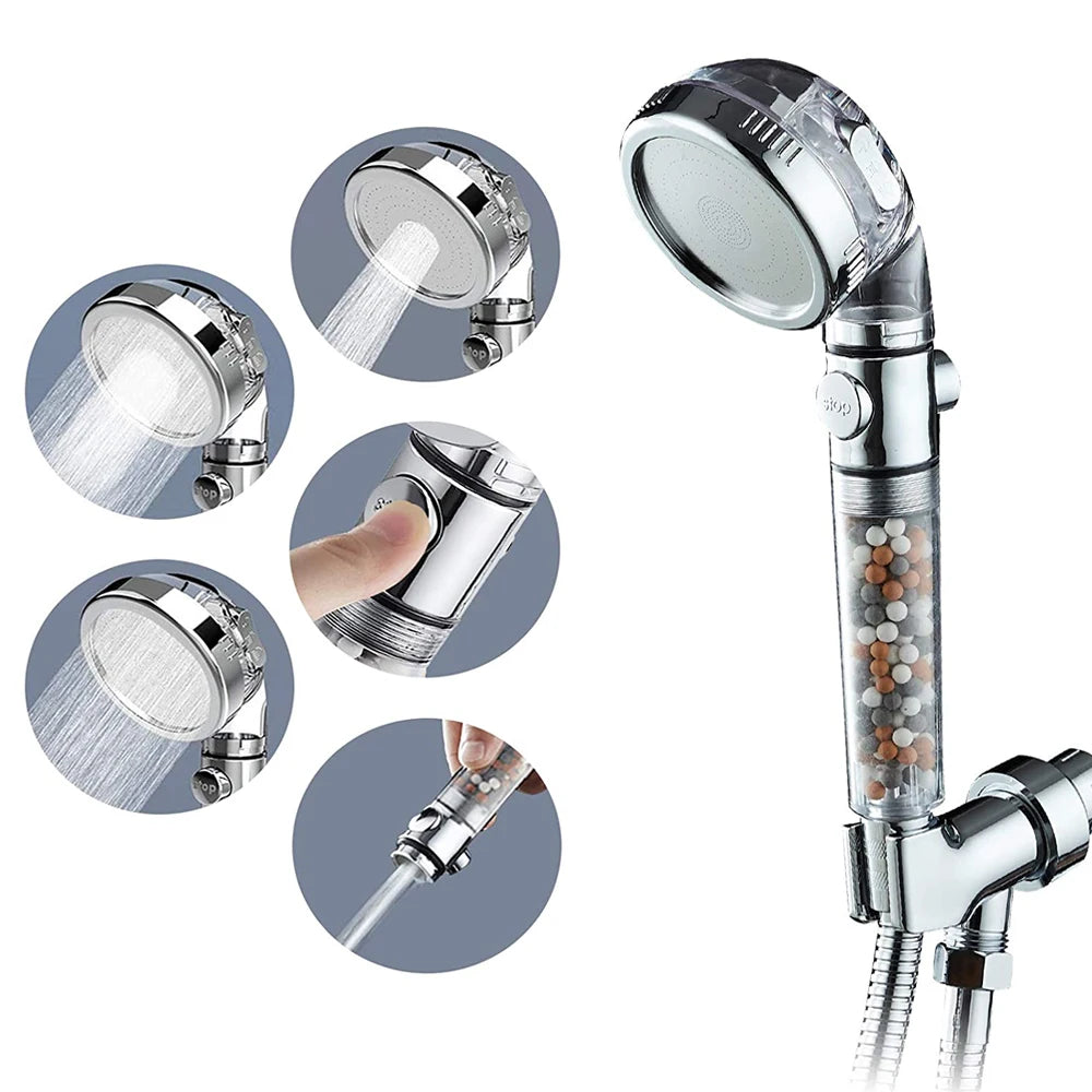 Mineral Balls 3 Modes High Pressure Shower Head with On/Off Switch Filter Water Saving Handheld Showerheads Bathroom Accessories