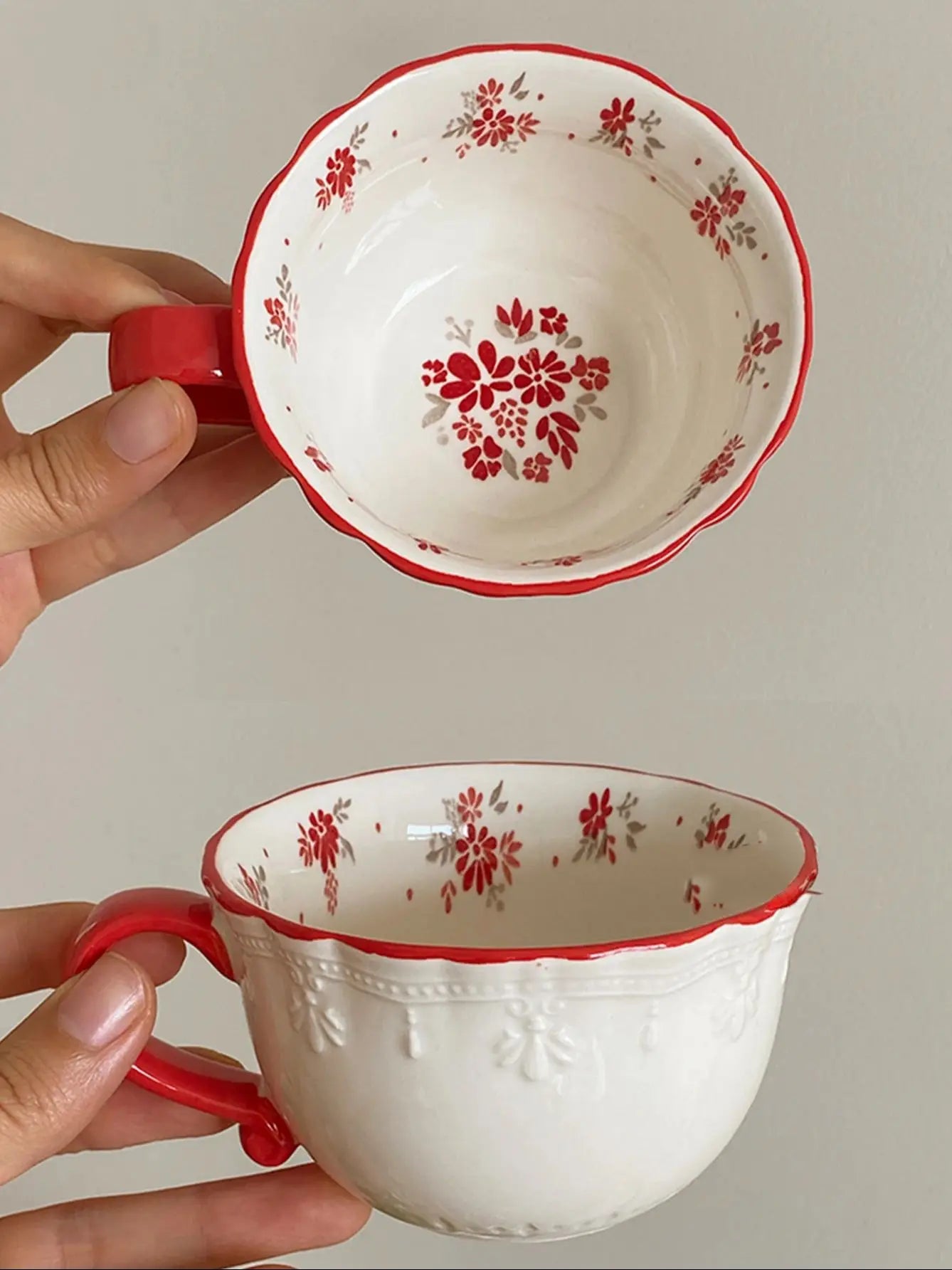 Vintage red floral underglaze relief lace ceramic coffee cup