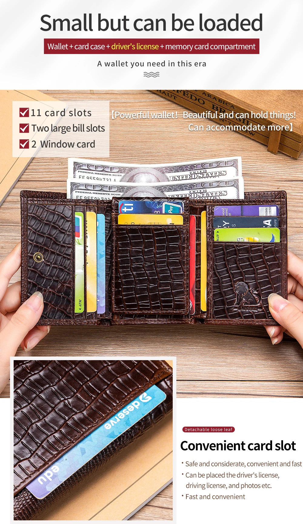 100%Leather men's wallet, leather short multi card bag, leather men's wallet, crocodile patterned wallet