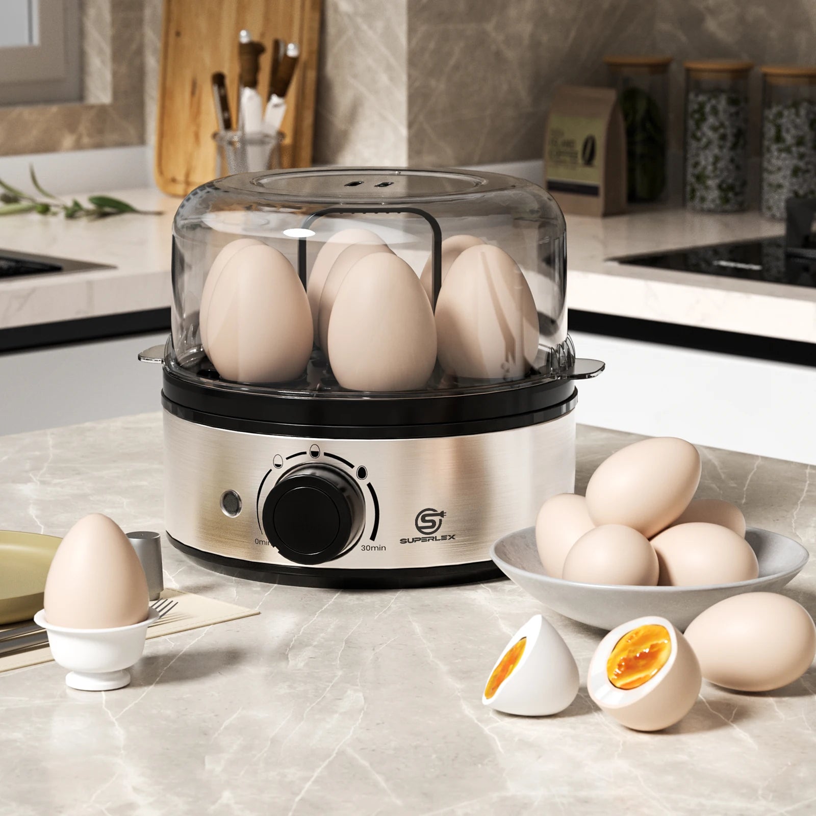 SUPERLEX 400W Power Eggs Cooker 7-Egg Capacity Dial Control Smart Shut-Off Reminder Rapid Egg Boiler Easy to Clean and Safer New