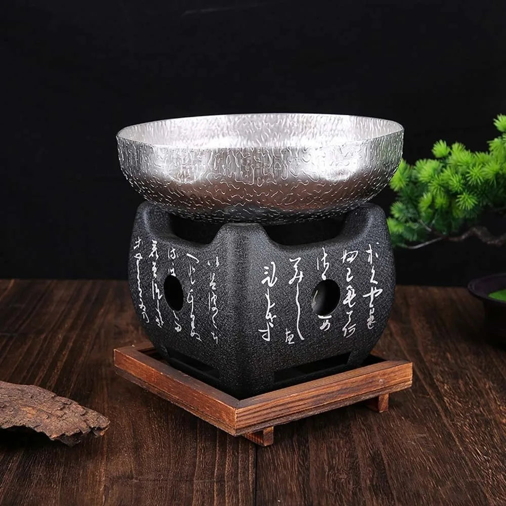 Japanese Style Charcoal Stove with Grill Net Carbon Stove Portable Charcoal Grill Square Wooden Board Mini Square Text Stove