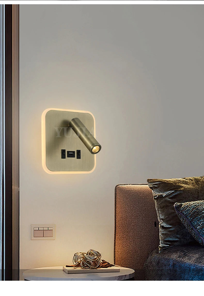 Contemporary Multifunctional LED Wall Sconce with Switch Modern Adjustable Reading Lamp USB Charging Ports for Bedrooms Offices