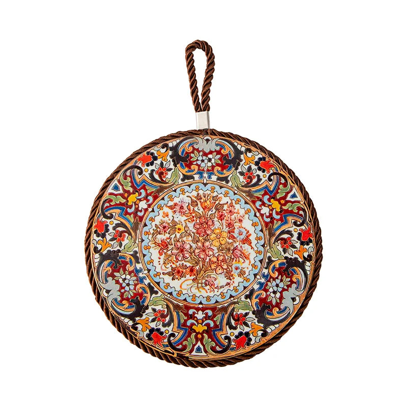 HeMu Bohemian Style Ceramic Pot Holders,Mandala Pattern Heat Resistant Trivets,Hanging Kitchen Coasters with Rope for Hot Dishes