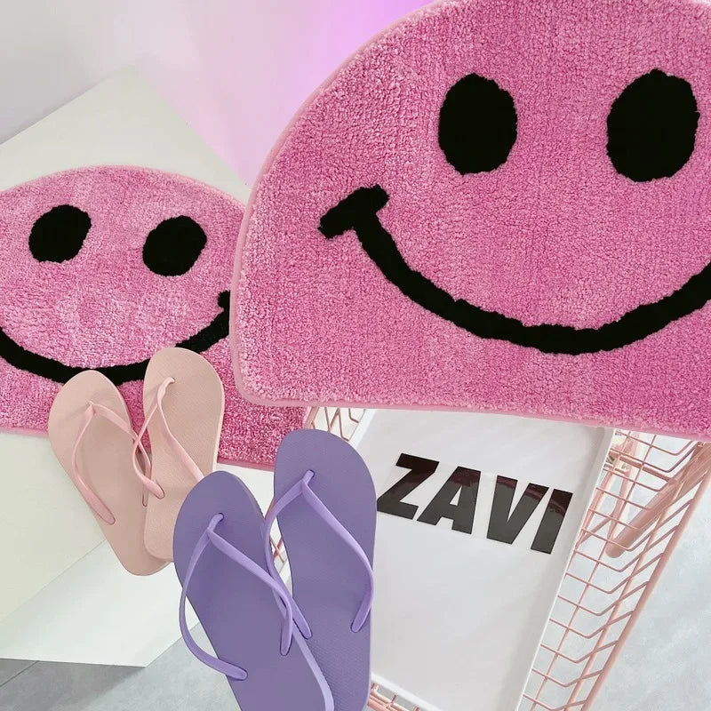 Rose pink semicircular smiley face floor mat imitation cashmere soft bedroom door floor mat bathroom absorbent carpet