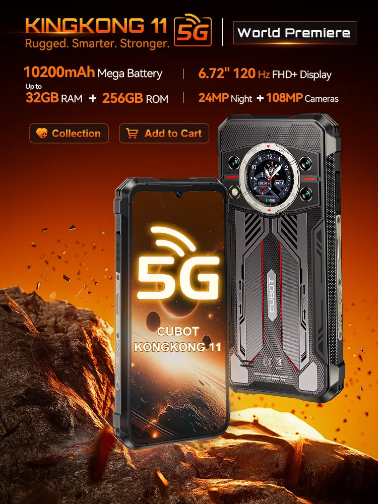 Cubot Rugged Smartphone 5G King Kong 11, Android 15, Up to 32GB RAM+256GB ROM, 108MP Camera, 10200mAh, Dual Screen, MTK7025,6nm
