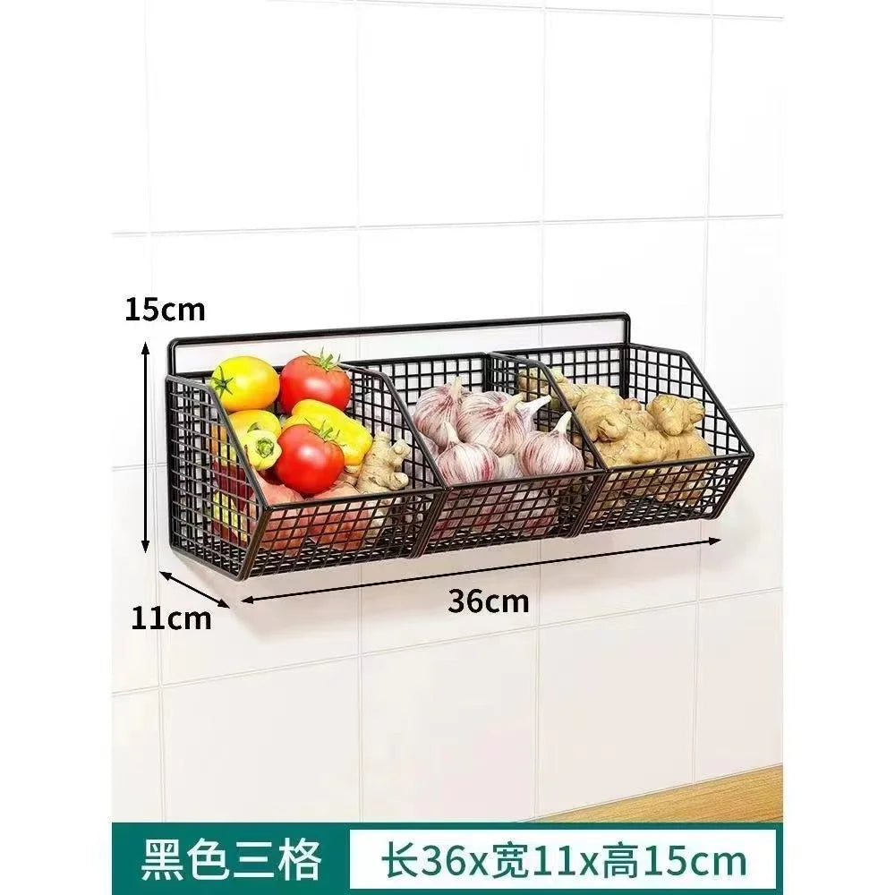 AOBT Wall-Mounted Green Onion Ginger Garlic Storage Rack Punch-Free Kitchen Multi-Functional Basket Organizer for Spices Herbs