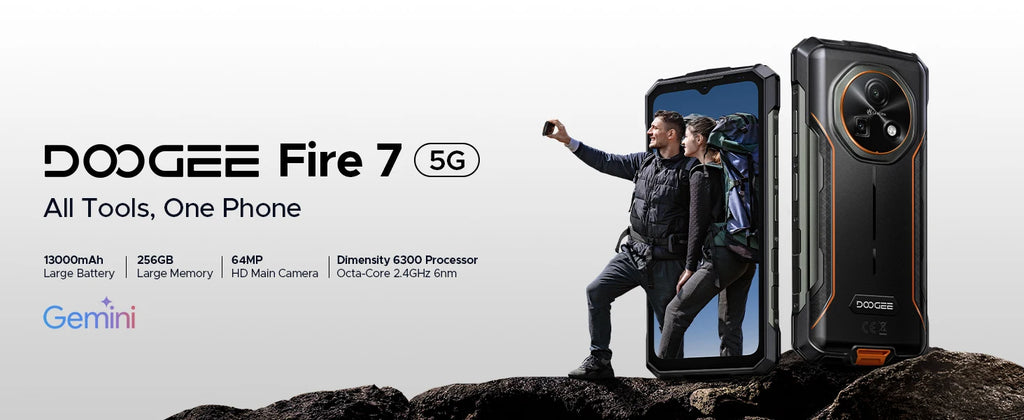 DOOGEE Fire 7 5G Rugged Phone Android 15 Gemini AI 13000mAh Battery 6.6'' Screen Dimensity 6300 64MP Camera  Smartphone NFC
