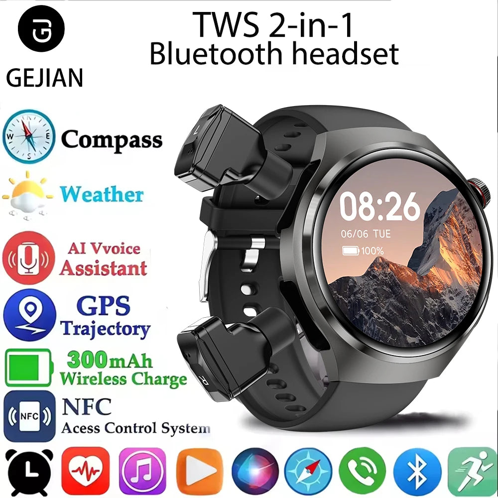 GEJIAN 2025 New TWS 2-in-1 Bluetooth Earphones Smart Watch Heart Rate Monitoring NFC BT call GPS Sports Trajectory Smartwatches