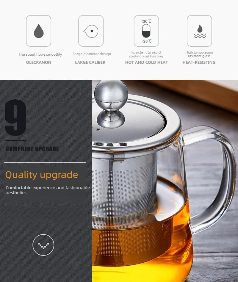 Heat-Resistant Borosilicate Glass Teapot with Removable Stainless Steel Infuser – Clear Tea Kettle for Kung Fu Tea Brewing Set