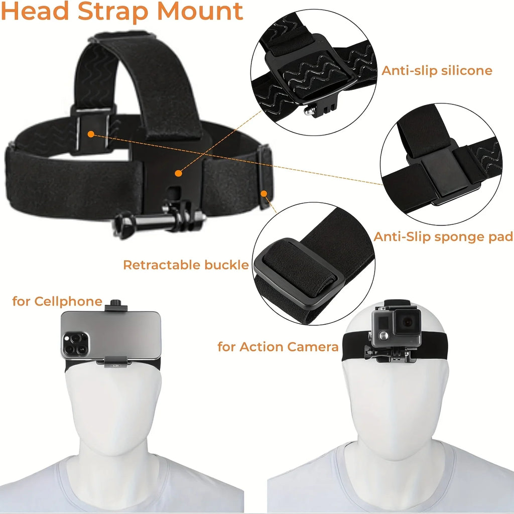 Adjustable Headband And Chest Band Shooting Stand for Mobile Phones And Action Cameras Compatible with GoPro DJI And More