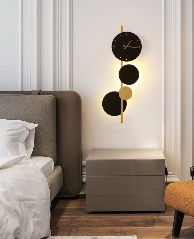 Nordic Creative  Acrylic Black Gold LED Clock  Wall Light Bedroom Dining Room Living Room Lighting Fixtures