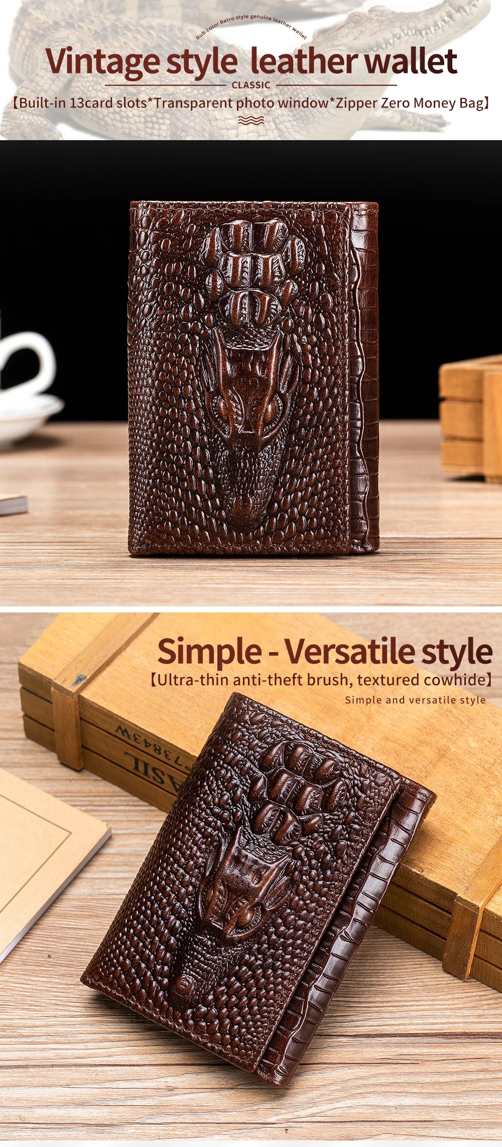 100%Leather men's wallet, leather short multi card bag, leather men's wallet, crocodile patterned wallet