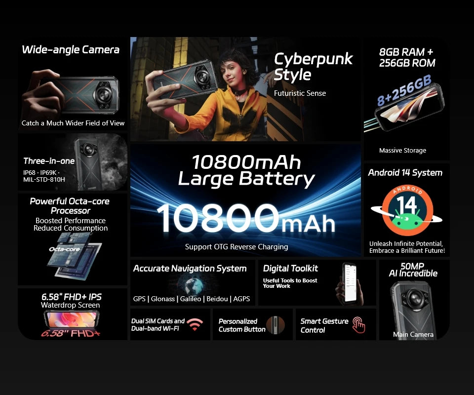 World Premiere DOOGEE S Cyber Rugged Phone 6.58" 90Hz IPS Screen 10800mAh Large Battery 8GB+256GB 50MP AI Main Camera Android 14
