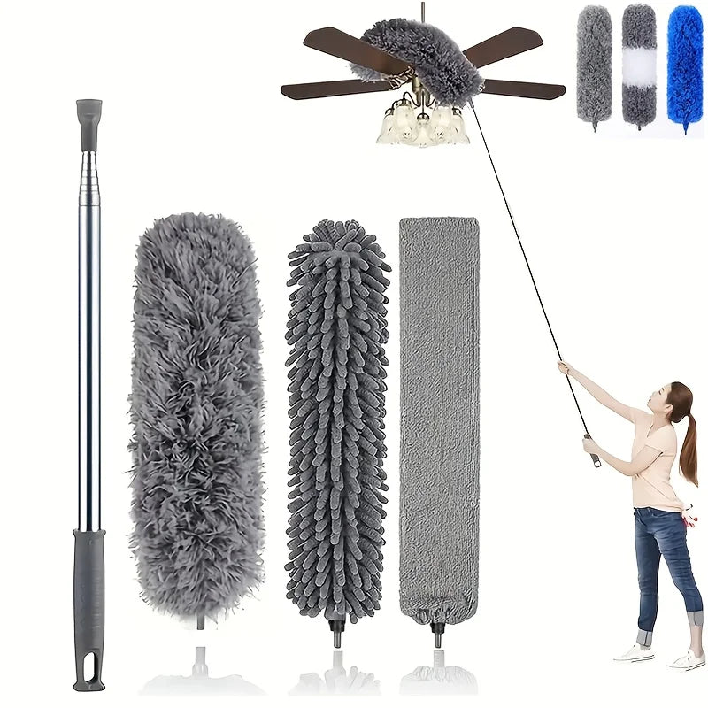 4Pcs Dusting Brush Extendable Feather Duster Telescopic Dust Brush Household Electrostatic Dusting Brush for High Ceilings, Fans, Cobwebs, Reusable Lightweight Cleaning for Curtains and Ceiling Fans