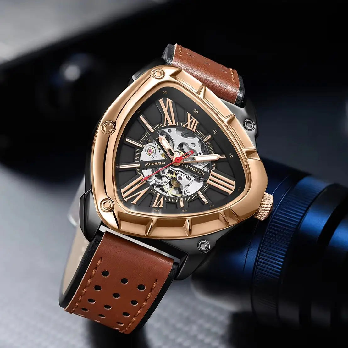 Men automatic watch explore outdoors style mechanical watches retro triangle skeleton leather waterproof luminous mens watch
