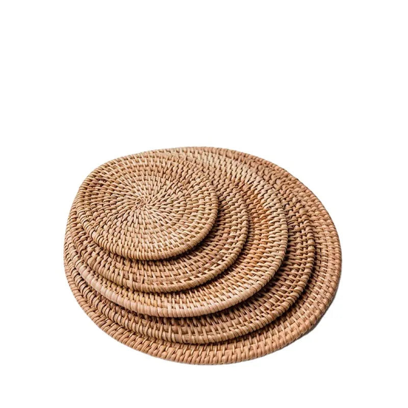 Handwoven Round Rattan Placemats Natural Wicker Coasters Heat Resistant Table Mats Multi Size Set Kitchen Dining Table Decor Pot
