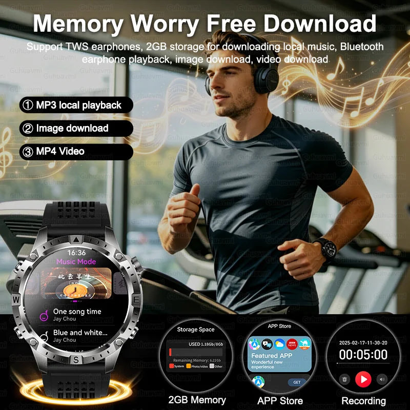 2026 Outdoor GPS Smart Watch Men 2GB ROM Offline Map 730mAh Battery 3ATM Waterproof Compass Altimeter Health Monitor Smartwatch