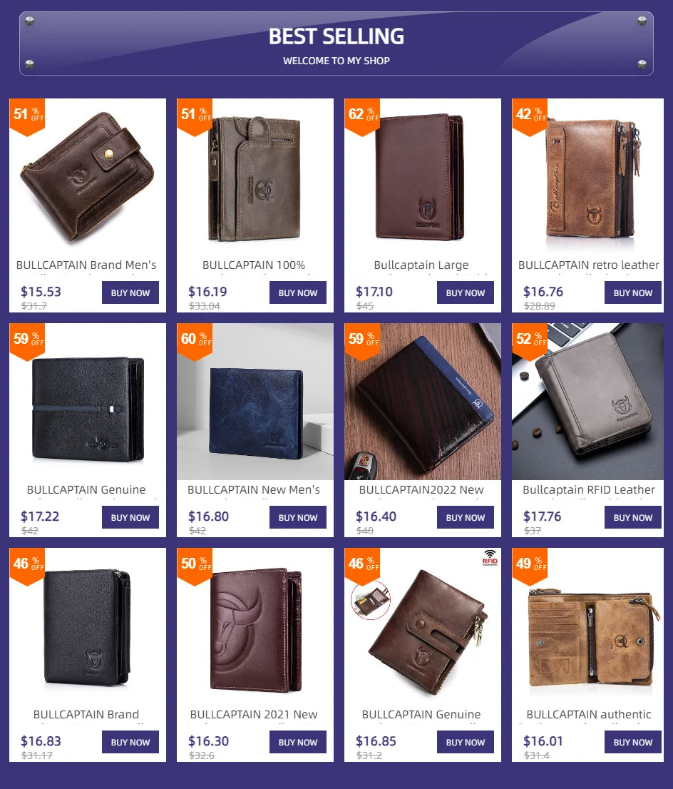 BULLCAPTAIN 100% Genuine Leather Men's Rfid Wallet Multifunctional Storage Bag Coin Purse Wallet Card Case