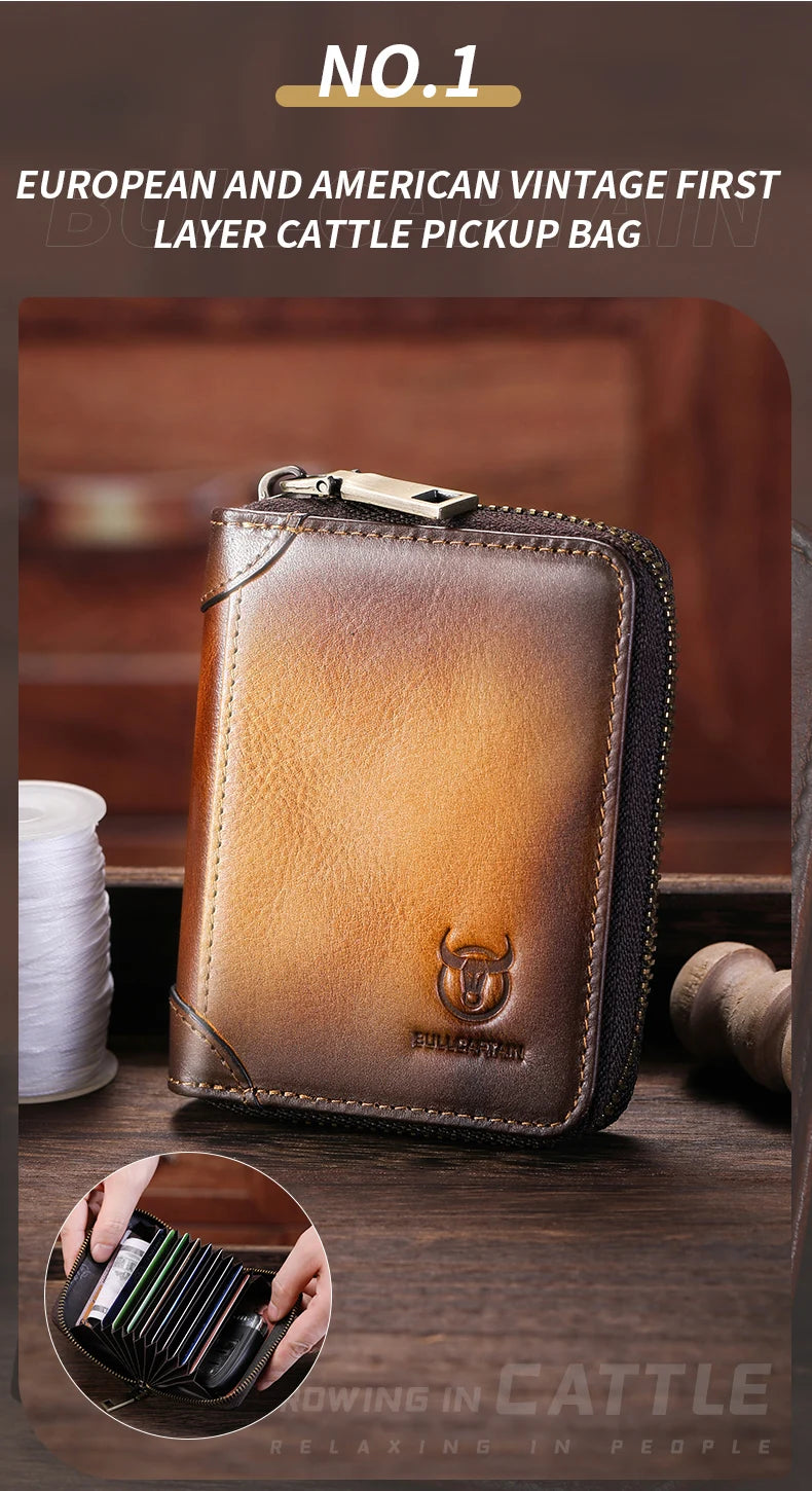 BULLCAPTAIN Genuine Card Bag Men's Casual Business Credit Card Holder Multifunctional RFID Anti-Theft 11 Card Slots Coin Purse