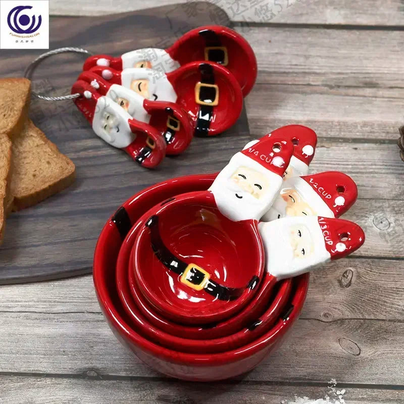 4pcs Christmas Measuring Spoons Set, 3D Hand-painted Ceramic Bowl Measuring Cup, Baking DIY Cake Flour Kitchen Accessories Gift