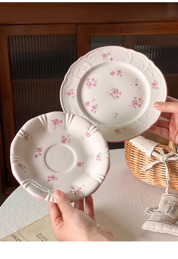 European Pink Cherry Blossoms Mugs Porcelain Cup&saucer Tableware Coffee Mug Dining Table Afternoon Tea Teacup Fruits Juice Cup