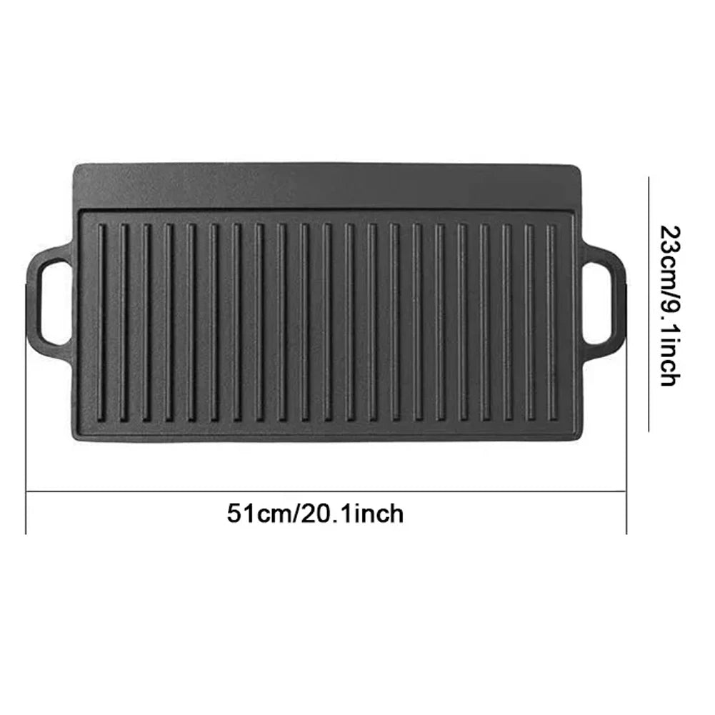 Cast Iron Grill Plate Double Sided Griddle Pan with Double Handles for Steaks Broil Bread Eggs Pancakes Vegetables