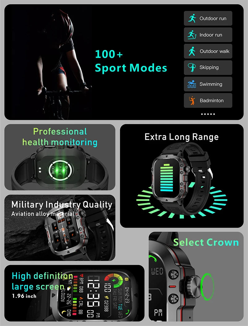 Military GPS Tracker SmartWatch Men 5ATM Outdoor Sports Fitness Tracker Health Monitor 1.96 BT Call Smartwatch For IOS Android