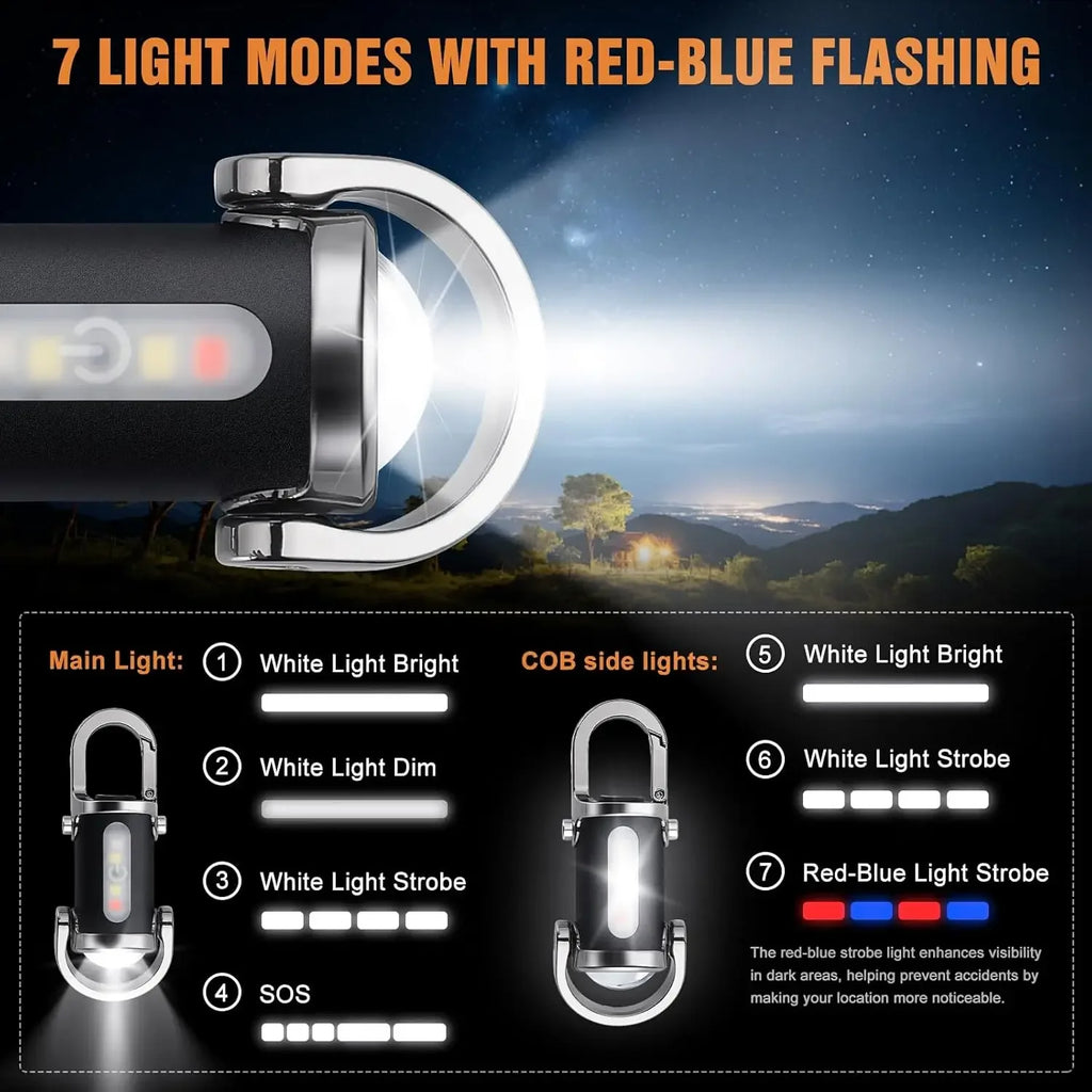 Mini Keychain Flashlight Rechargeable Pocket COB Working Light Outdoor Hook Emergency Warning Light for Camping Walking Hiking