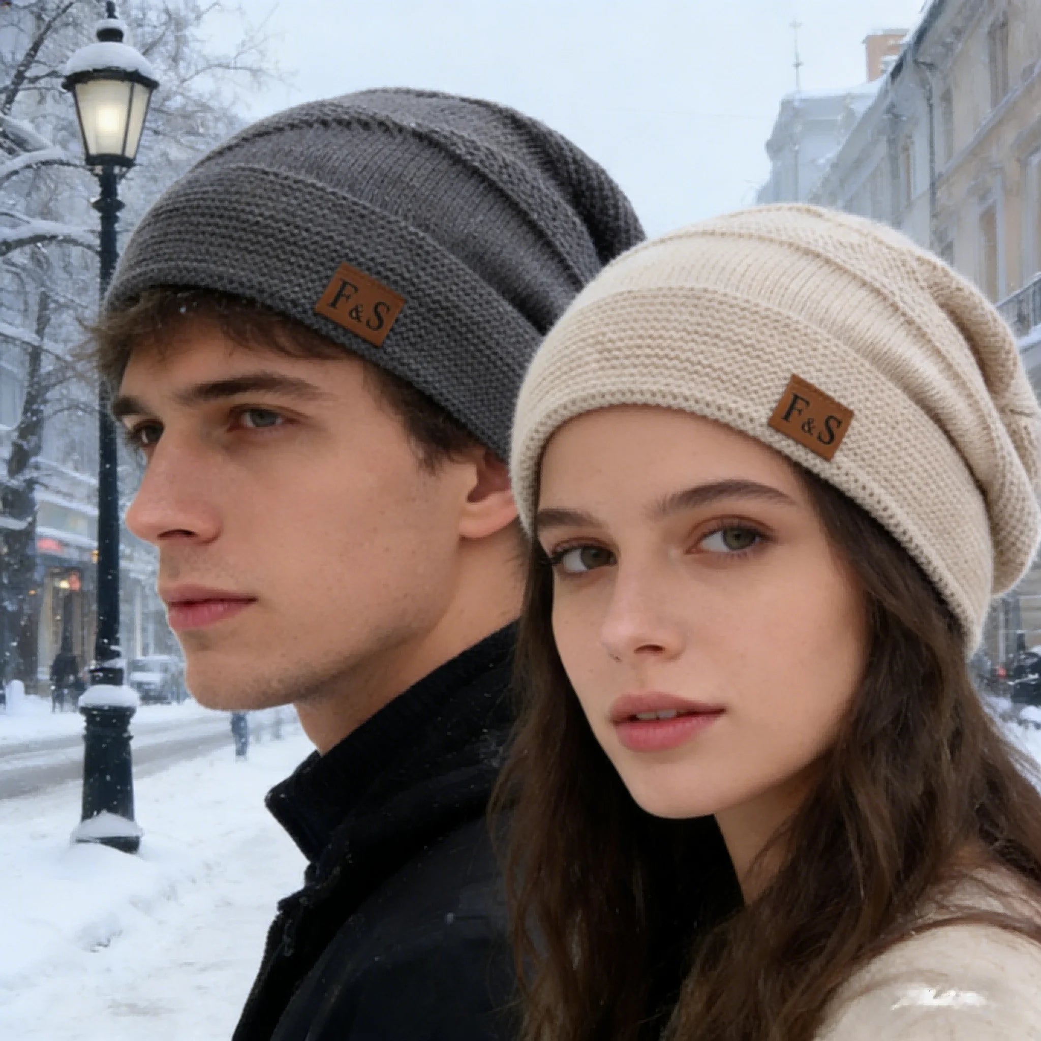 New Unisex Slouchy Winter Hats Add Fur Lined Men And Women Warm Beanie Cap Casual Label Decor Winter Knitted Hats