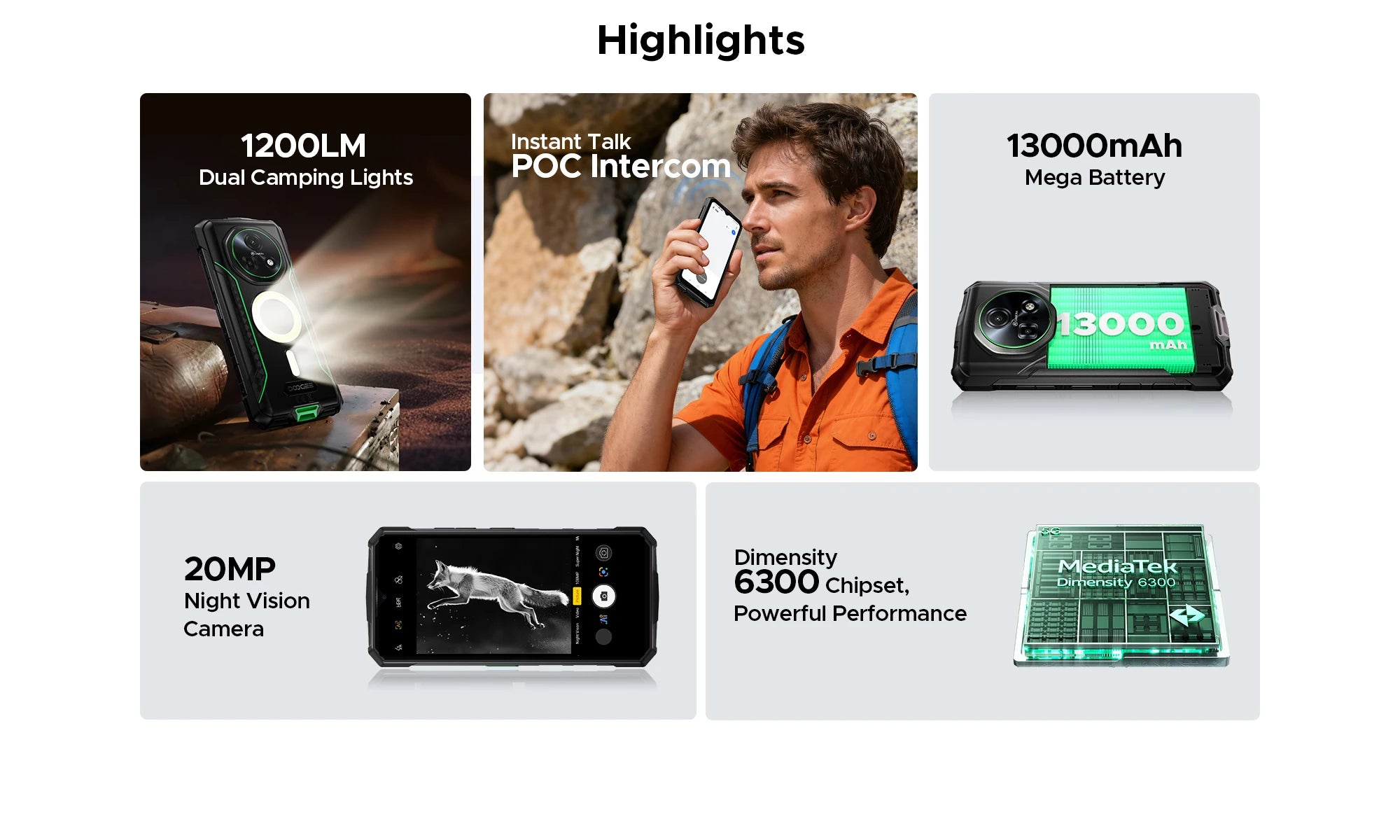 DOOGEE Fire 7 Pro Rugged Phone Dual Camping Lights Support Push-to-Talk Over Cellular 13000mAh Battery Android 15 Smartphone