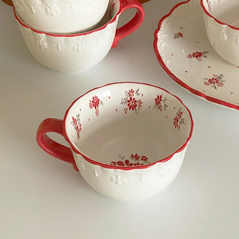 Vintage red floral underglaze relief lace ceramic coffee cup