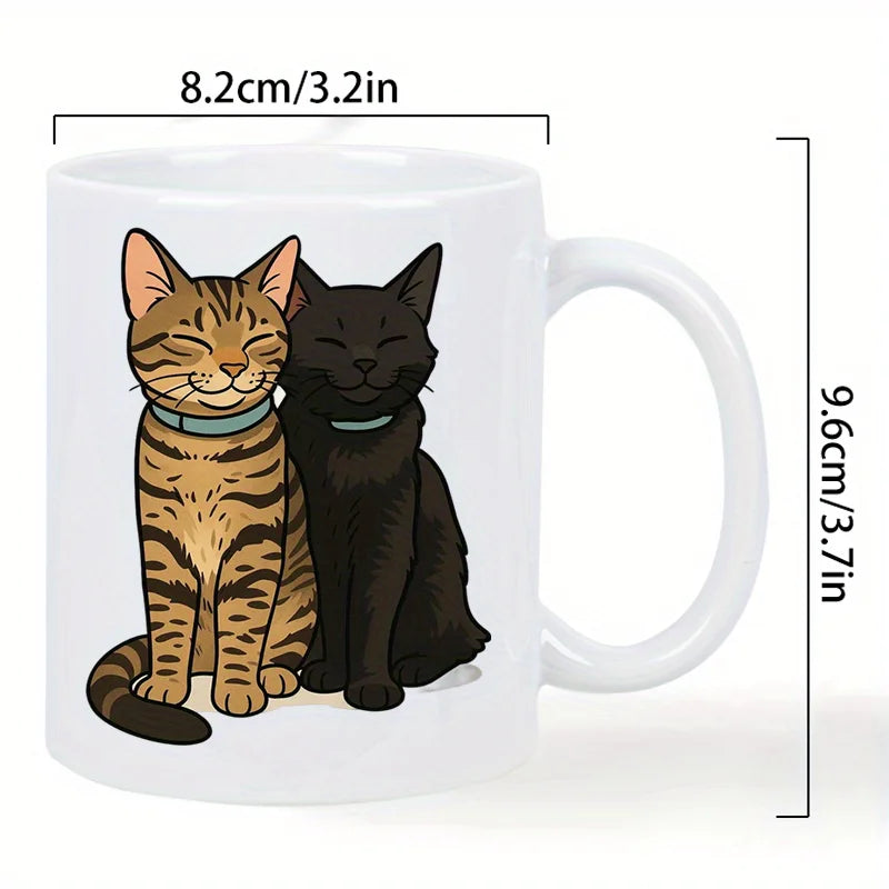 Cute Cat Duo Ceramic White Mug - Perfect Gift for Cat Lovers, Hand Wash Only, Reusable, Multipurpose Use, No Electricity Needed,