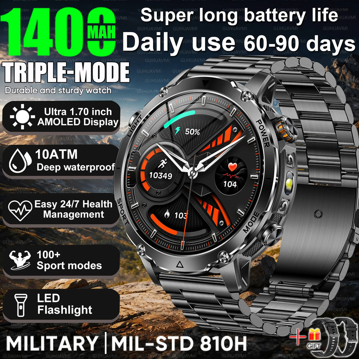 2026 Hot New 1400mAh Extra-Large Battery SmartWatch Men Military Outdoor SOS Flashlight  Waterproof Heart Rate Sports Smartwatch