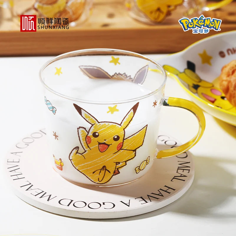 SHUNXIANG Pokémon Pikachu Glass Mugs Milk Cup Cute Drink Tableware Coffee Cup Kawaii  Transparent Water Cup with Handle Gift