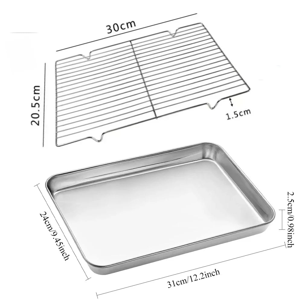 304 Stainless Steel Baking Tray Set with Grill Metal Rectangular Cooling Rack Grilling Tools BBQ for Kitchen Outdoor Camping