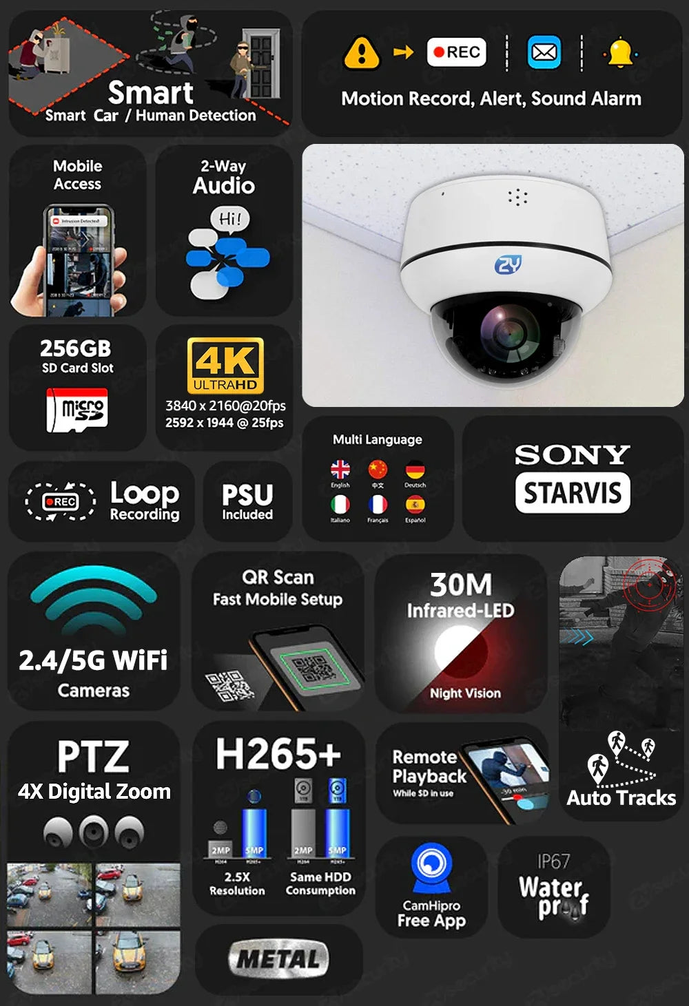 4K 8MP PoE Dome Security Camera Outdoor Human/Vehicle Detect Auto Tracking PTZ Indoor 2-way Audio Wireless IP Cameras Camhipro