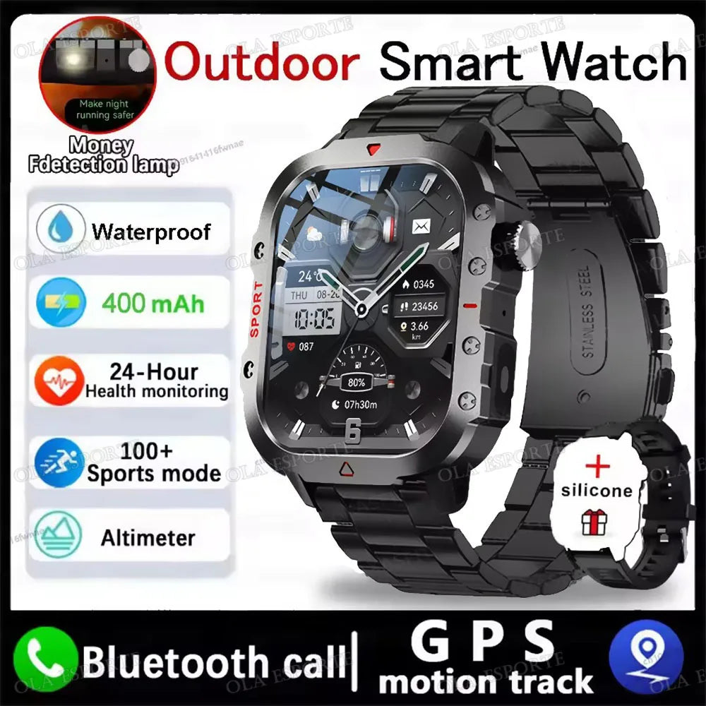 2026 New Military-grade Smart Watch Men GPS Flashlight 3ATM Waterproof Watch Bluetooth Call 100+Sport Outdoor Smartwatch Pk HW12